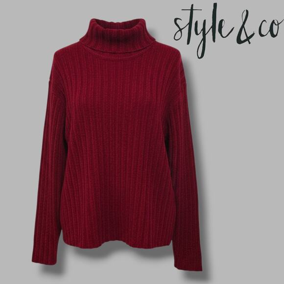 Style & Co Women’s Burgundy Ribbed Turtleneck Sweater Cozy Knit Pullover Size L - Picture 6 of 7